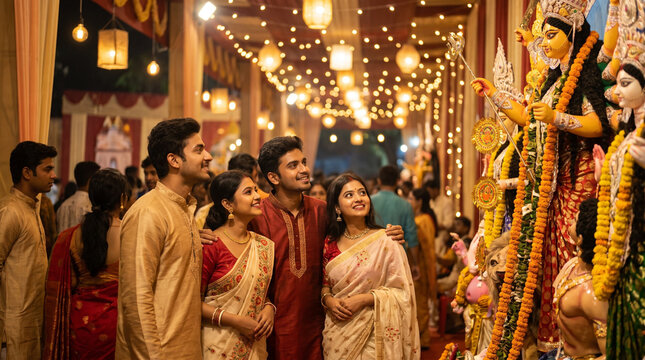 Young Indian friends visiting beautifully decorated Durga Puja pandal