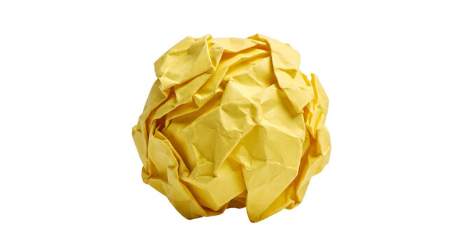 Crumbled yellow paper ball on transparent background