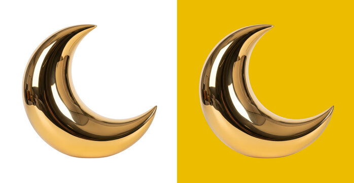 Shiny gold crescent moon shape icon with a metallic 3d texture for creative space and night time design projects