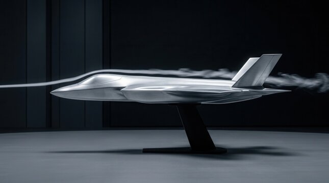 Aerodynamics science concept with a futuristic aircraft model in a wind tunnel test featuring airflow visualization isolated on a dark background.