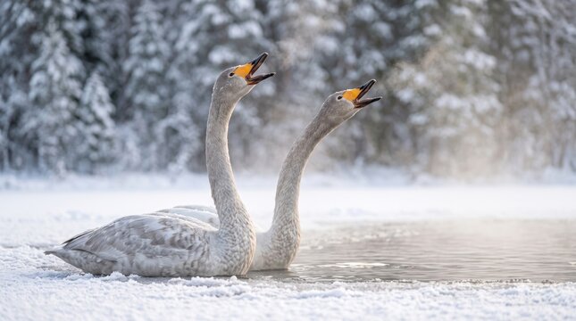 pair of whooper swans (cygnus cygnus) calling on a frozen lake