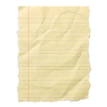 Torn vintage yellow lined notebook paper on transparent background