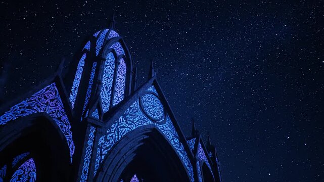 Gothic architecture silhouette illuminated against starry night sky