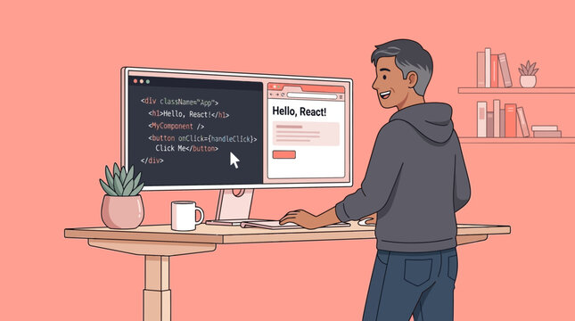 Man Coding React App on Computer Screen, Desk Setup, Web Development Illustration