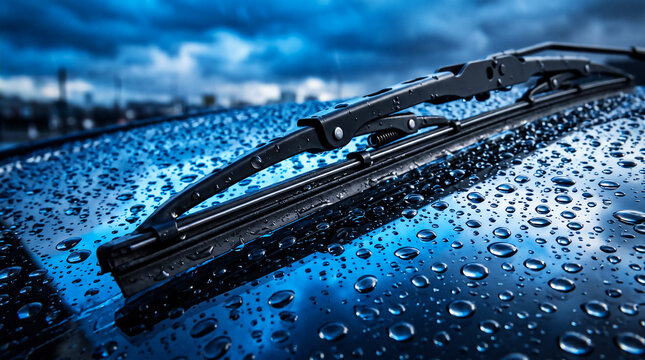 Close-up of a Car Windshield with Rain Droplets and Wipers in a Stormy Weather Scene