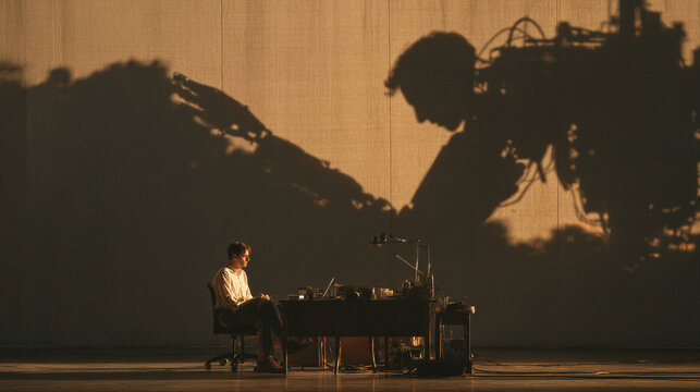Man alone at a desk beneath a huge shadow of himself