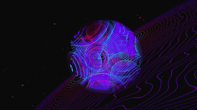 Seamless VJ loop featuring an abstract glowing sphere surrounded by undulating wave rings. Dynamic illuminated stage backdrop for dancefloors, award ceremonies, music festivals, and live concert shows