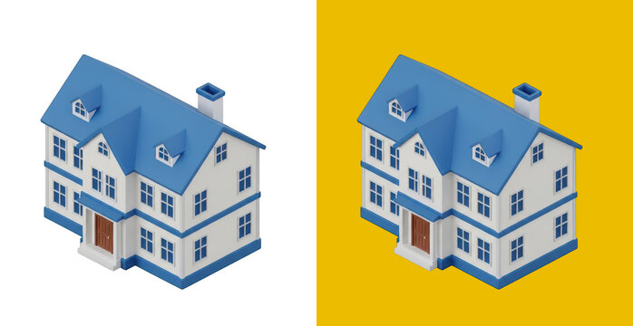 Small isometric house with blue roof and white walls for architectural design and real estate projects in pixel art style