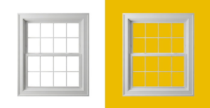White wooden window frame with glass panes isolated on a clean white and solid yellow background for home design projects