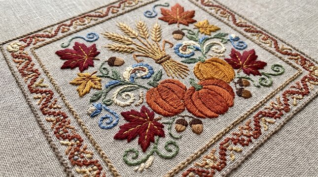 Beautiful embroidered linen napkin with colorful autumn leaves and pumpkins for a festive thanksgiving day table setting decoration