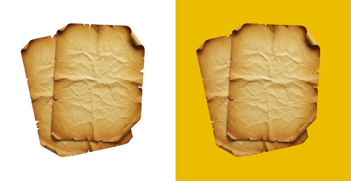 Two old vintage paper scrolls with rough edges and aged texture for historical documents and mysterious pirate treasure maps