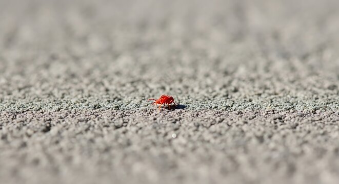 tiny red clover mite on concrete surface