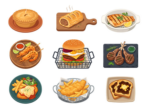 Set of traditional Australian food icons featuring meat pies and grilled seafood