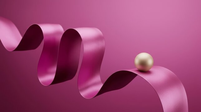 A flowing pink ribbon with a gold ball set against a seamless pink backdrop, conveying elegance and simplicity.