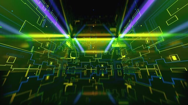 Seamless VJ loop with volumetric light beams and glowing geometric wall grids. Dynamic illuminated stage backdrop for dancefloors, award ceremonies, music concerts, nightlife, and grand shows.