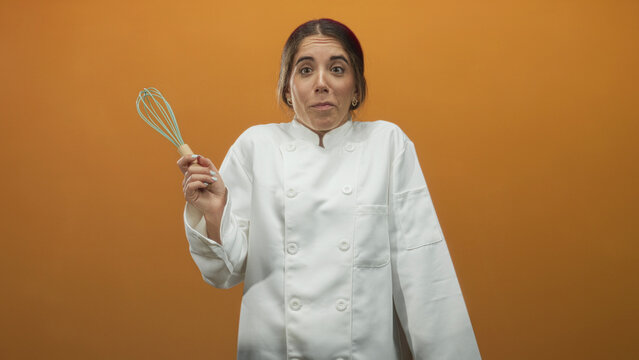 Woman chef holds whisk in bare hand and shrugs shoulders in studio orange backdrop; playful uncertainty.