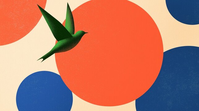 A vibrant retro geometric illustration featuring a green bird silhouette flying through large orange and blue circles on a textured cream background. Mid-century modern aesthetic.