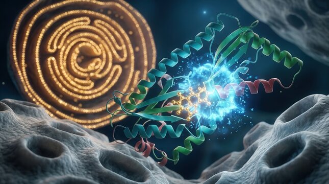 Small-molecule inhibitor docking at the M1 sequence region of a TDP-43 protein ribbon near a mitochondrion cross-section, detailed cell-biology render.