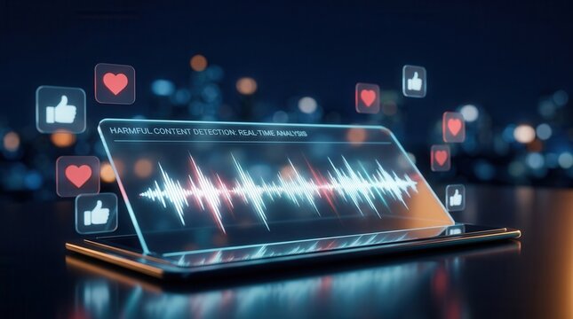 Realtime harmful speech detection displayed on a smart audio moderation tool with blurred social media interaction icons in the background.