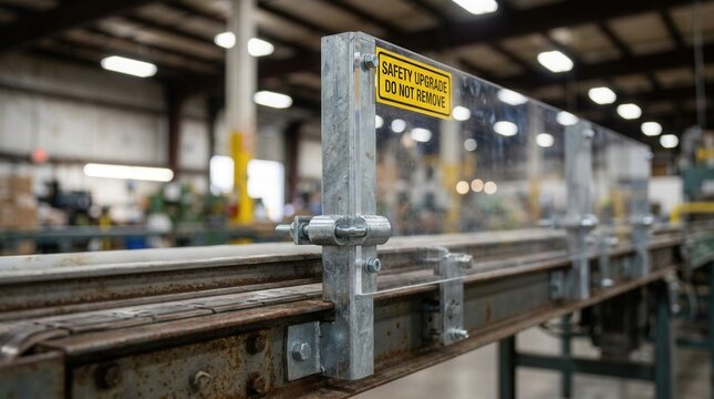 Retrofitted safety guard clamped over a conveyor belt part, emphasizing recent safety improvements in a blurred industrial interior.