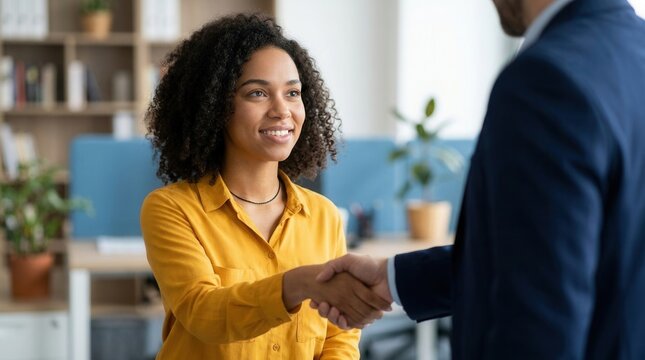 Student-athlete shaking hands with a compliance officer with a focused expression after signing a NIL contract.