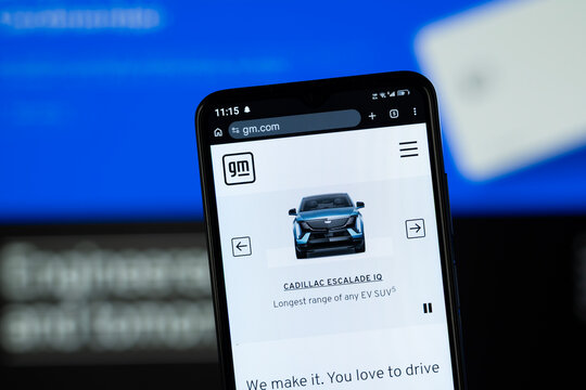 Detroit, United States - 03 August 2026: Close-up of General Motors homepage on a smartphone.