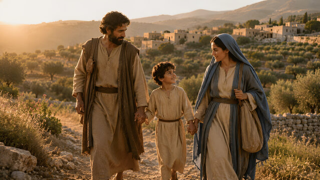 Jesus, mary, and joseph walking together in the countryside of nazareth