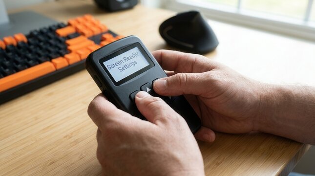 Hands configuring a screen reader device within a home assistive tech setup, featuring a blurred ergonomic keyboard and mouse on a desk.