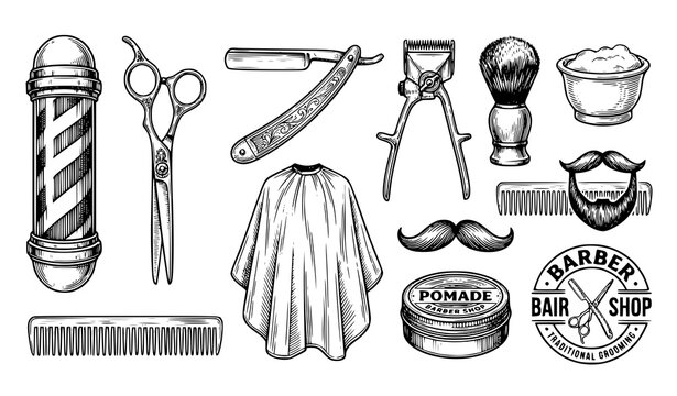 Vintage Barber Pole with Scissors Razor and Antique Clippers Vector Illustration