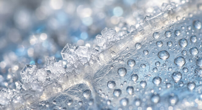 Extreme macro view of geometric salt crystals and water droplets on a textured surface.