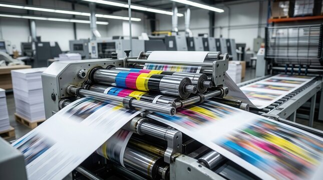 Vibrant magazine pages being produced by a highspeed offset printing press in a medium shot.