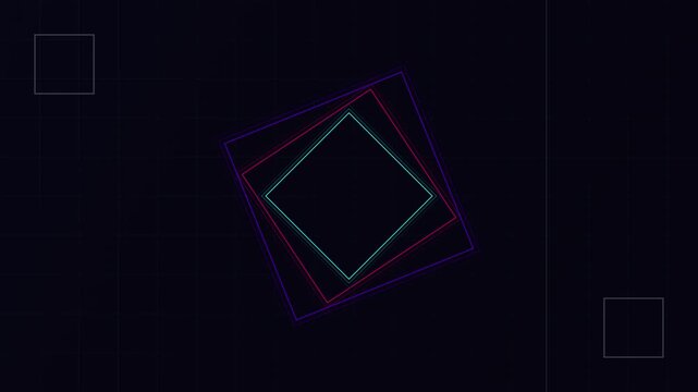 Colorful geometric squares rotating on dark grid backdrop