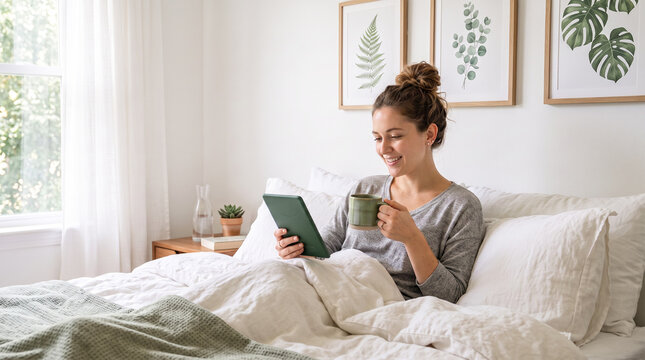 Young woman reading e-book on tablet reader in bed. Female relaxing with hot drink while reading an electronic book in cozy room. Mental health recovery, Personal growth. Hobby, Leisure time alone