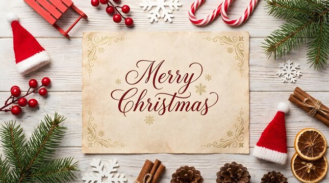 A festive flat lay composition featuring a merry christmas greeting card surrounded by holiday decorations on a rustic white wooden background top view