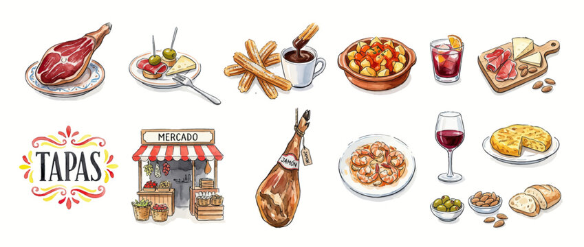 Assortment of Spanish Tapas and Market Stall Illustration