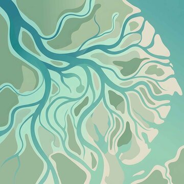 Abstract Organic Pattern of Intertwining River Delta or Vein Structures in Teal and Sage Green