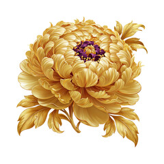 Fototapeta premium Golden peony flower with purple center on transparent background. Decorative botanical illustration for design element. Luxury metallic floral art for ornament and greeting card.
