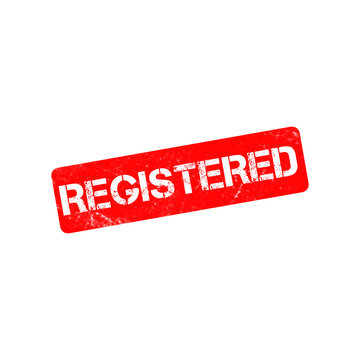 Registered red rubber stamp on white background, weathered ink texture on official registration mark, grunge style document certification seal