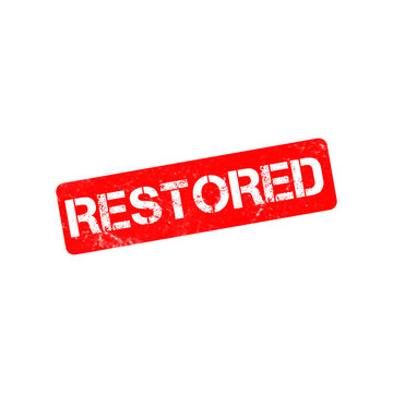 Restored red rubber stamp on white background, distressed vintage restored seal, grungy rectangular ink stamp for renovation and repair projects