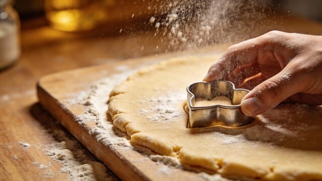 Flour dances in the air as hands press a cookie cutter into soft dough. The warm kitchen invites creativity and the spirit of holiday baking fills the atmosphere.