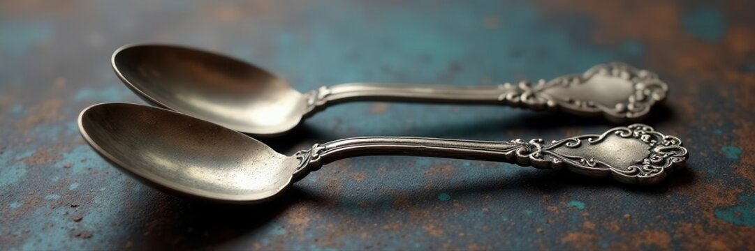 Ornate silver fork & spoon set, tarnished patina, vintage silverware, object
