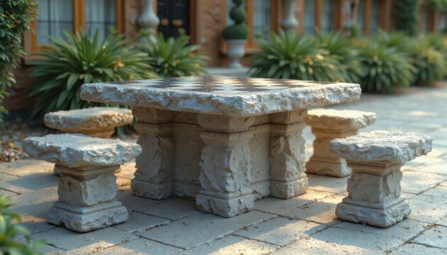 Outdoor stone table set with four stone benches surrounded by greenery in a garden setting. Stone table setup creates inviting outdoor dining area with elegant stone design for garden aesthetics.