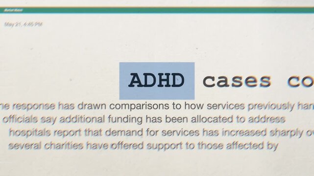 Medical news report text animation featuring highlighted adhd word regarding neurology and mental health disorder cases