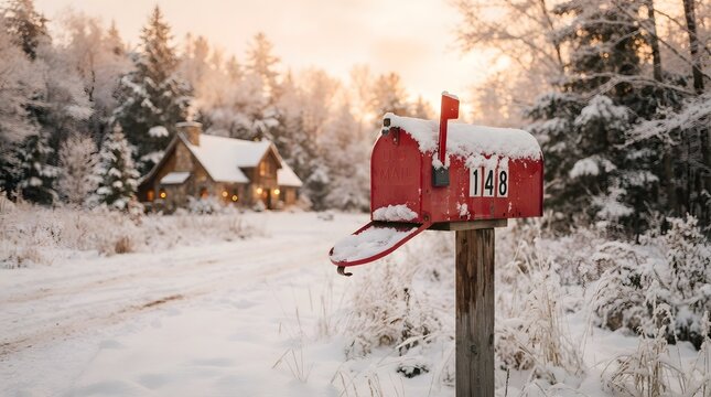 Red mailbox with number 148 in a snowy winter forest landscape