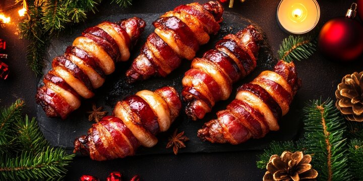 Festive bacon-wrapped delicacies placed on a dark stone platter with holiday decorations