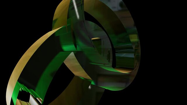 Metallic interlocking rings with green glass reflections, abstract 3d geometric shapes rotating, luxury gold and emerald circular motion background