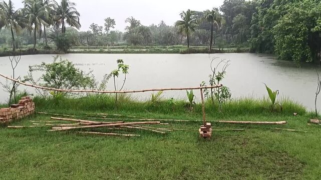 Tropical pond landscape during monsoon rain, lush green riverside vegetation with palm trees, rural countryside water reservoir in rainy season