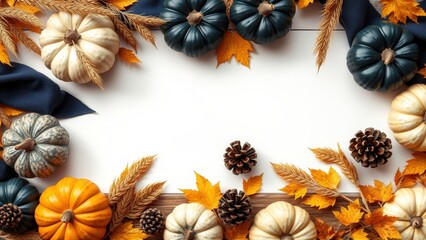 Fototapeta premium Autumn gourds, leaves, wheat decorate white wood surface. Festive fall arrangement creates inviting seasonal display.