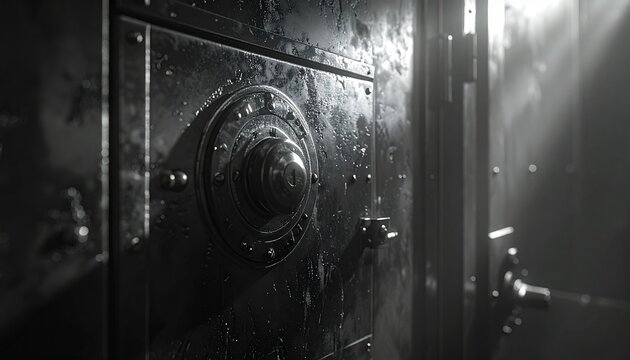 Vintage Steel Bank Vault Door with Combination Lock and Dramatic Light