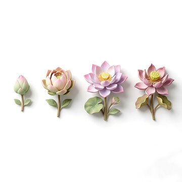 Lotus flower elements in various stages pink and green on white background